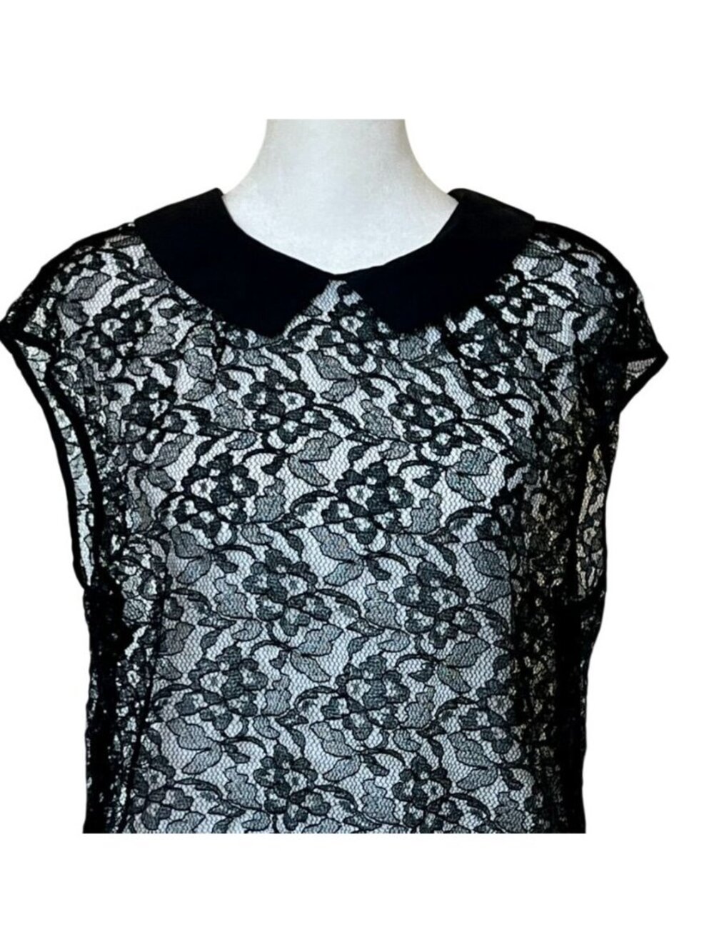 Y2K Womens Sz L Top Black Sheer Lace Peter Pan Collar Whimsigoth Fairy Grunge - Picture 6 of 11